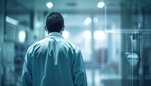 Rear view of businessman looking away while standing in corridor at hospital