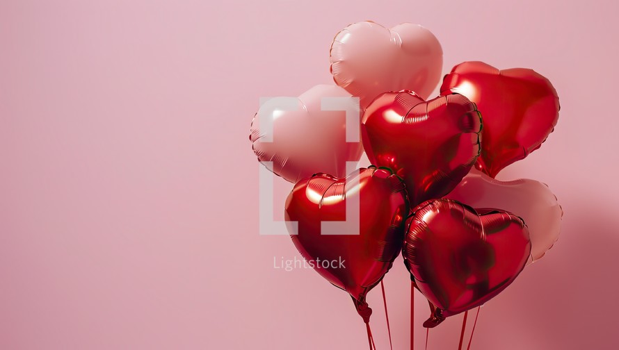 Red and white heart-shaped balloons on a pink background. Valentine's Day