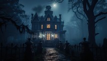 Halloween horror scene with scary old house at night.