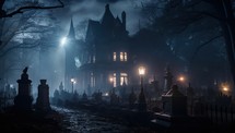 Gothic castle in the cemetery at night with fog. Halloween concept