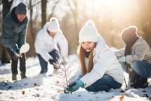 Group of friends planting a tree in the snow in the park.