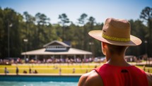 Young man in hat looking at swimming pool. Vacation concept.