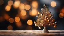 Christmas tree on wooden table with bokeh background. Christmas and New Year concept
