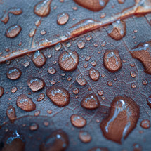 drops of water on the red plant leaf in rainy days