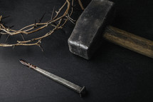 Crown of thorns, hammer, and blood-covered nail.