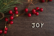red berries and fairy lights on a wood background and word joy 