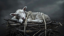 A lamb tied up on an altar