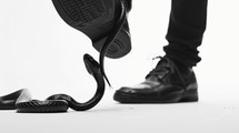 A man stepping over a black snake on a white background