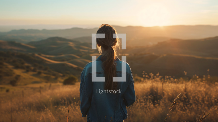 A girl looking out over hills and a valley during sunset