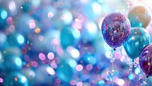 Colorful balloons and confetti on blue bokeh background.
