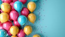 Colorful balloons on blue background with copy space. Birthday or party concept.