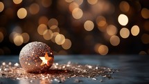 Christmas and New Year background. Glittering Christmas ball on bokeh background