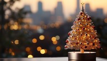 Christmas tree with bokeh lights on blurred city background.
