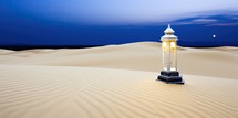  A lantern illuminating a serene desert landscape under a moonlit sky