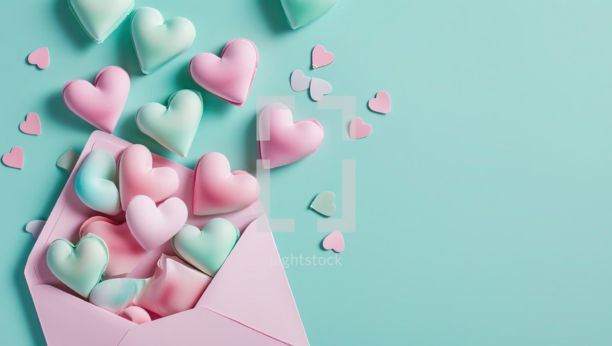  Pink Envelope Spilling Hearts on Teal Background