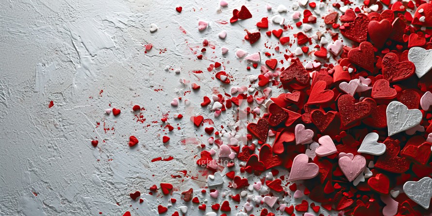 Red and white hearts confetti on white background. Valentines day background