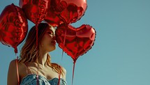 young woman with red heart-shaped balloons on blue sky background