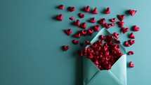 Envelope with red hearts on blue background. Valentine's Day concept.