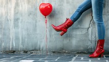 Close-up of legs of young woman in red boots holding red heart-shaped balloon on concrete wall background