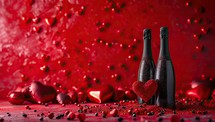 Valentine's day background with two champagne bottles and red hearts.