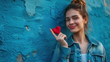 Woman Holding Red Heart Against Blue Wall