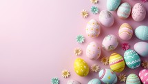 Colorful easter eggs with flowers on pastel pink background.