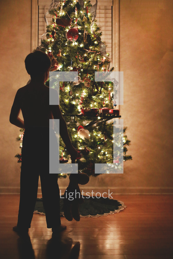 boy child with a stuffed animal standing in front of a Christmas tree 