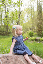 a toddler girl sitting on a rock holding a dandelion 