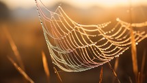 Spider web with dew drops at sunrise. Beautiful natural background.