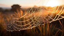 spider web with dew drops at sunrise, shallow depth of field