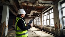 Engineer working on a building site with tablet computer in a construction site