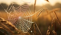 Spider web with dew drops at sunrise. Beautiful nature background.