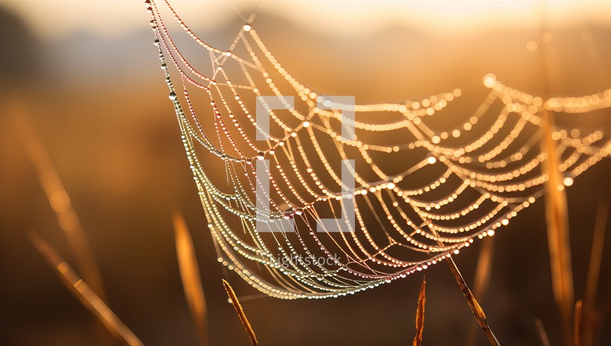 Spider web with dew drops at sunrise. Beautiful natural background.