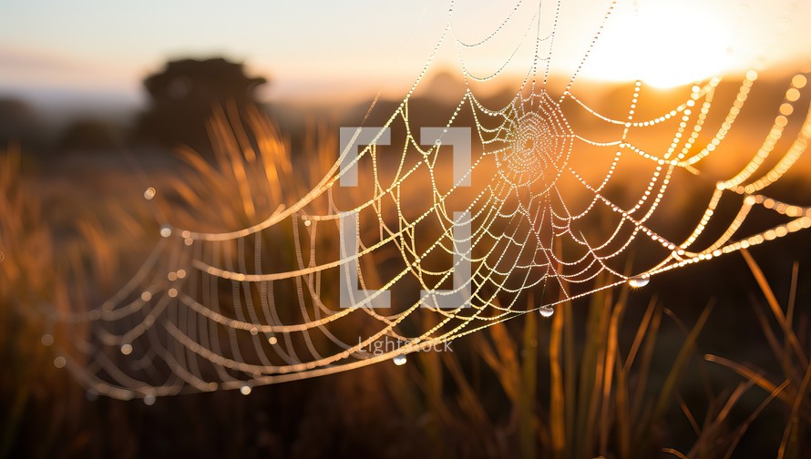 spider web with dew drops at sunrise, shallow depth of field
