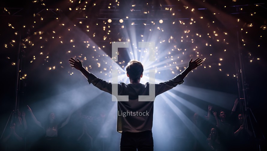 Rear view of man with hands raised in front of stage lights