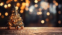 Christmas tree on wooden table with bokeh lights in the background