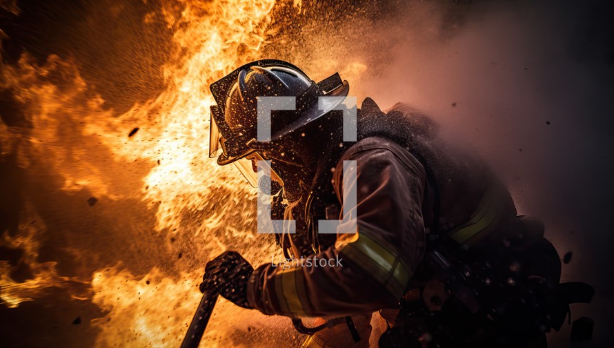 Firefighter fighting a fire with a fire hose in a burning building