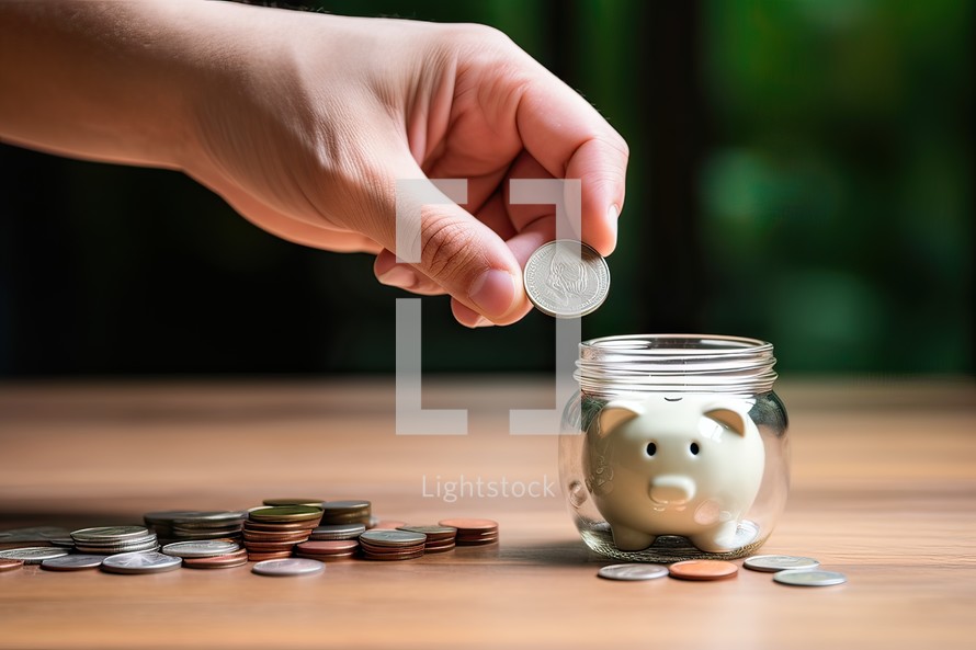 woman hand putting coin into piggy bank on wooden table with copy space