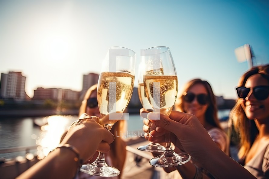 Group of friends toasting champagne glasses on the riverside in summer
