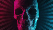 Glitter skull rotates on neon comics stripes background. Halloween celebration, mystique, glamour, style concept. Mortality. Exploring life and death, gothic aesthetics. Visual dramatic metaphor.