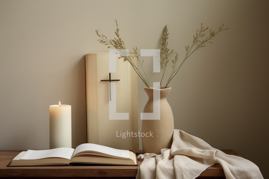 Christian home interior. Open Bible, dried flowers and burning candle on wooden table. 