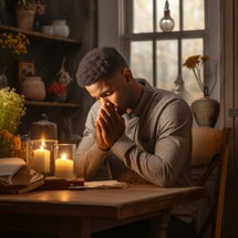 A young man in prayer at home, his hands folded in devotion