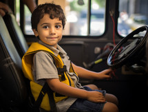 A 7-year-old boy pretending to be a bus driver