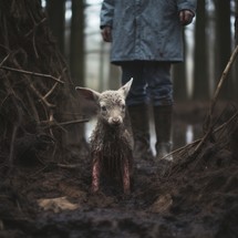 Person standing above young lamb in muddy area, reminiscent of biblical themes, in atmospheric woodland setting