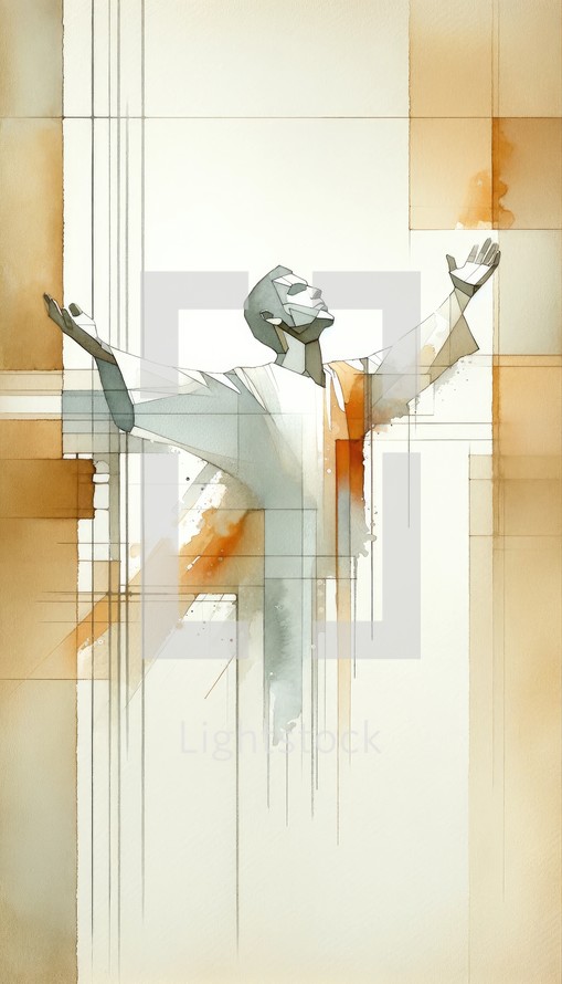  Digital illustration of a man in worship against composite colored background.