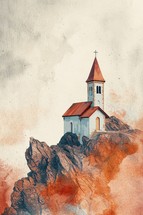 Church on the top of the mountain. Watercolor painting illustration.