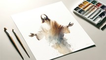 Watercolor painting of Jesus Christ in worship with watercolors and brushes.