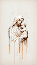 Motherhood. The image of the virgin Mary with her baby Jesus in her arms. Digital illustration.

