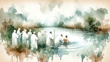 Watercolor painting of a river Baptism