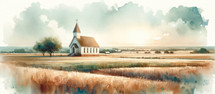 Watercolor painting of a little church in the Countryside